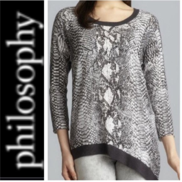 Animal Print Tunic Sweater Black White Snakeskin Print Asymmetrical Hem Small - Picture 2 of 16